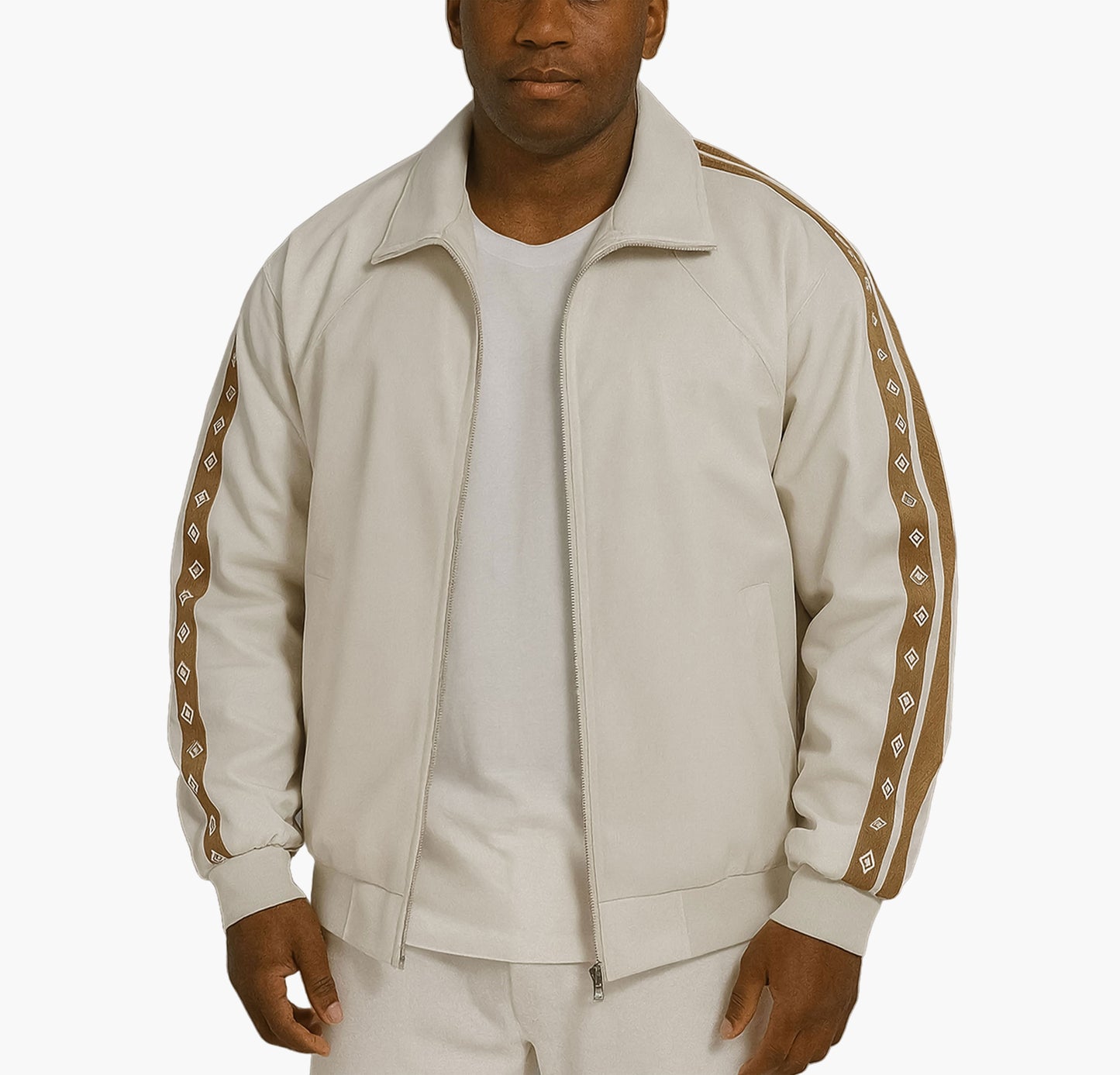 Men’s Lightweight Bomber Jacket – Beige Zip-Up Coat with Golden Accents