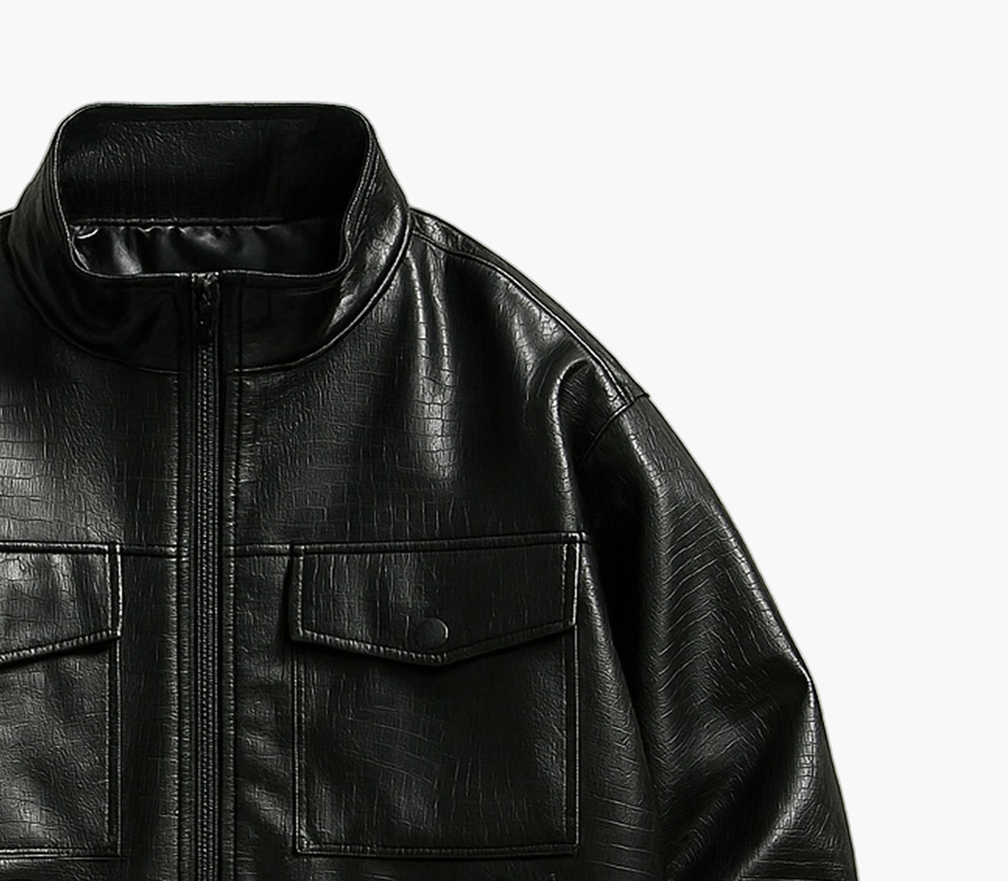 Men’s Glossy Black Biker Jacket – Stand Collar Zip-Up with Pockets