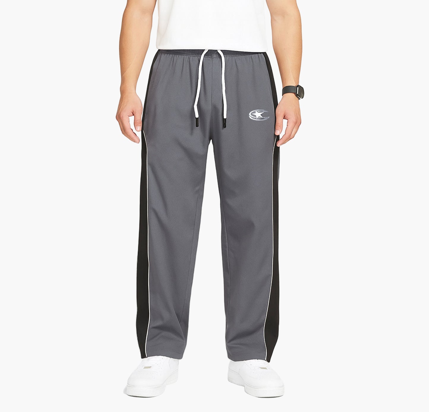 Men’s Geometric Color Block Joggers – Gray & Black Straight-Leg Casual Pants