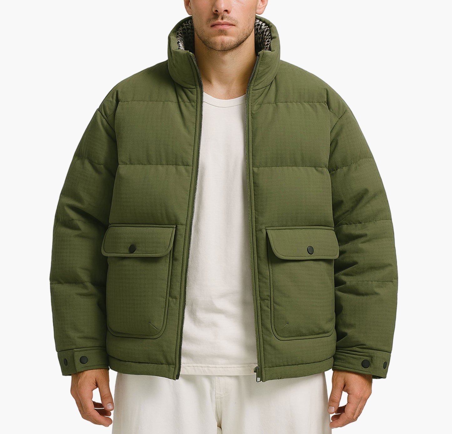 Men’s Insulated Winter Jacket – Zip-Up Stand Collar Design