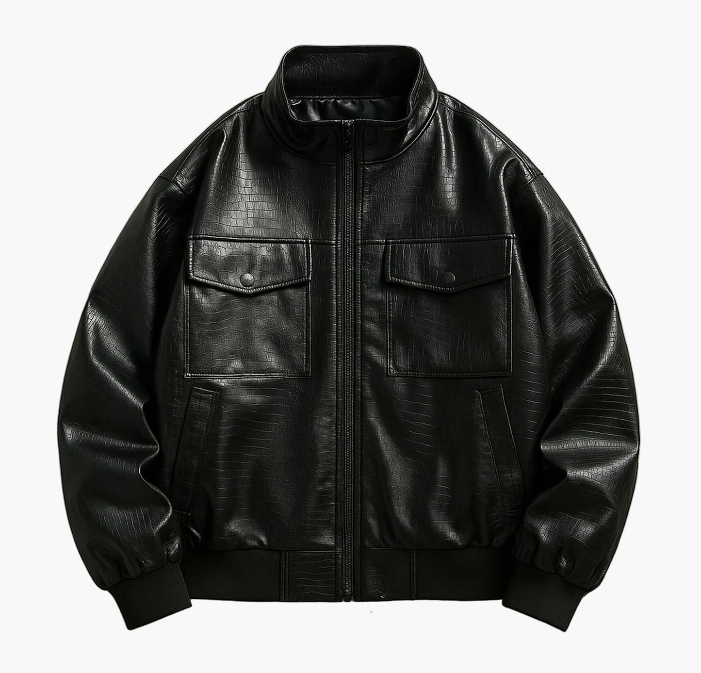 Men’s Glossy Black Biker Jacket – Stand Collar Zip-Up with Pockets