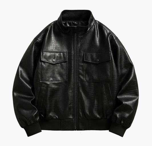 Men’s Glossy Black Biker Jacket – Stand Collar Zip-Up with Pockets