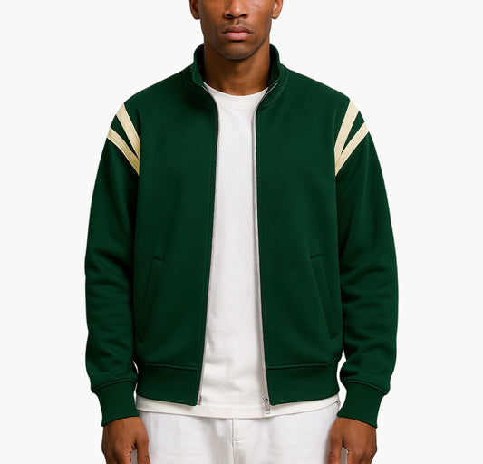 Men’s Geometric Print Hooded Jacket – Zip-Up Casual Outerwear with Contrast Sleeves