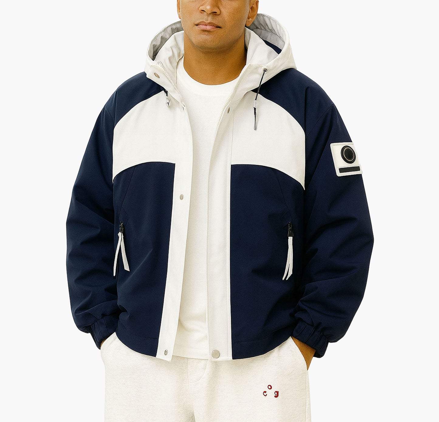 Men’s Turquoise & White Ski Jacket – Hooded Winter Coat with Full-Zip Closure