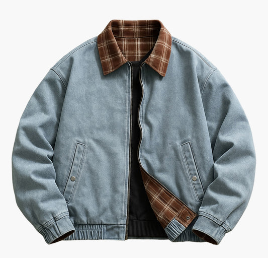 Men’s Vintage Faux Leather Bomber – Brown & Black Jacket with Plaid Collar