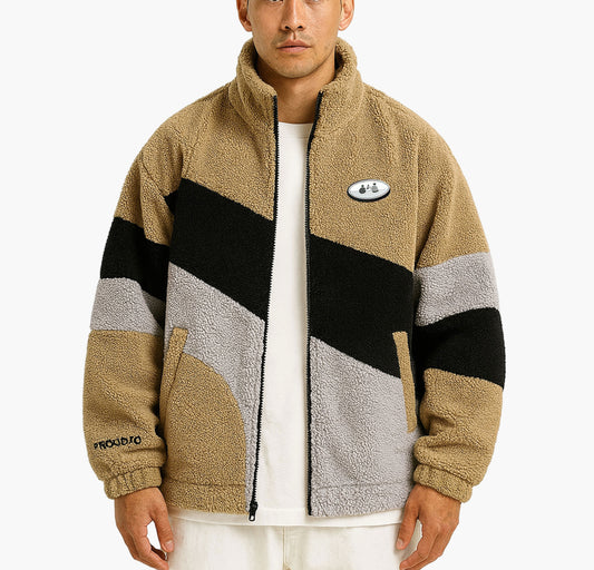 Unisex Color Block Plush Fleece Jacket – Warm Zip-Up Coat with Stand Collar