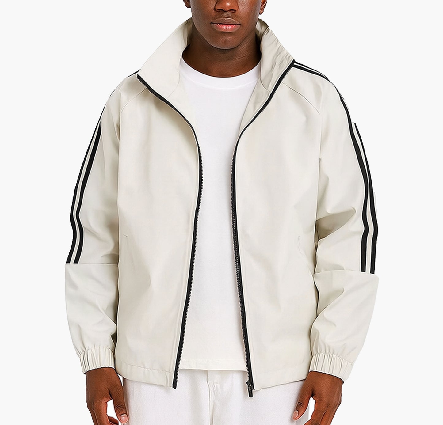 Men’s Oversized Lightweight Jacket – Pastel Pink & Black Zip-Up with Striped Design