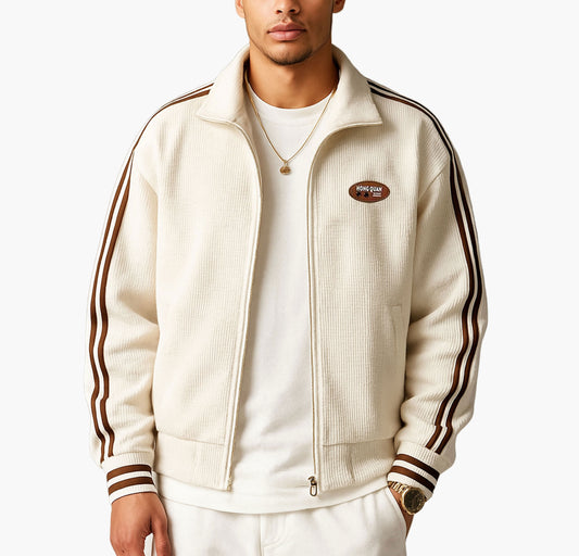 Men’s Lightweight Bomber Jacket – Black Zip-Up with White Stripes & Logo