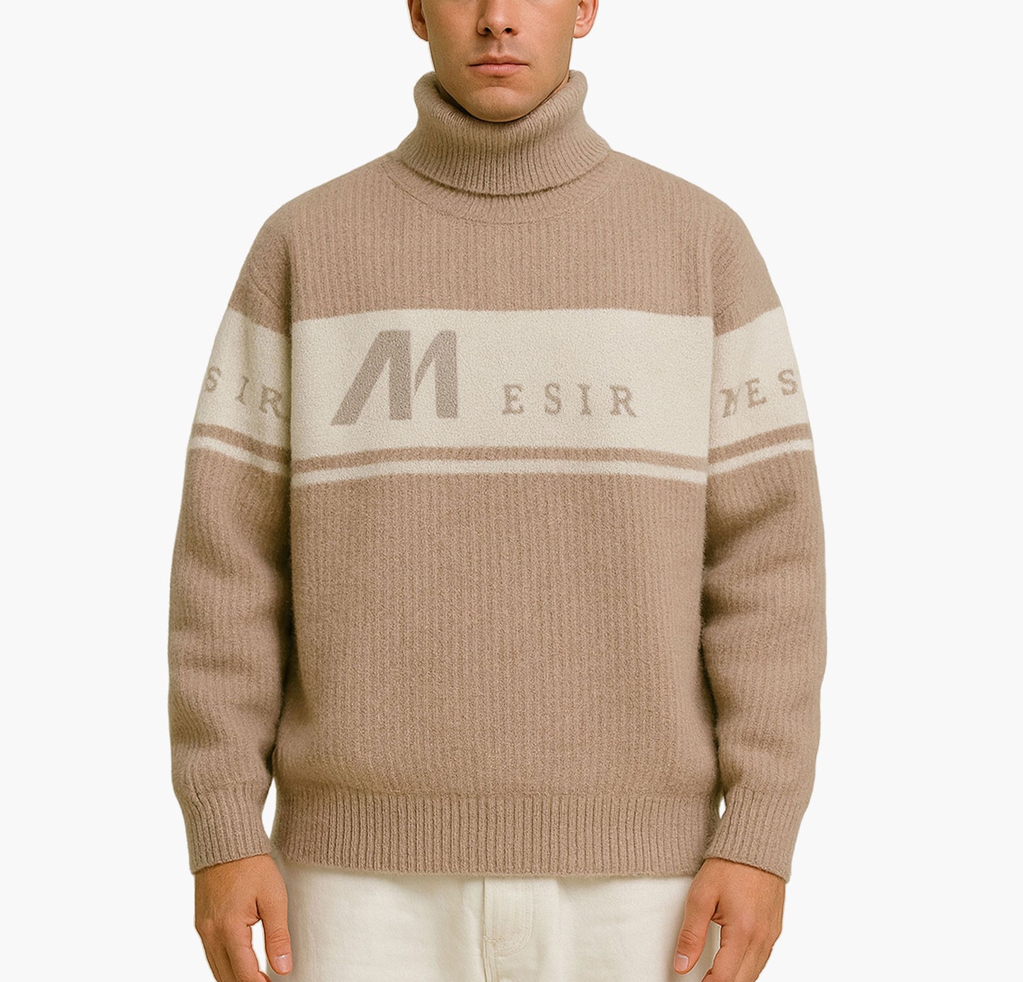Men’s Stripe Knit Sweater – Beige & Brown Pullover with “M” Letter Design