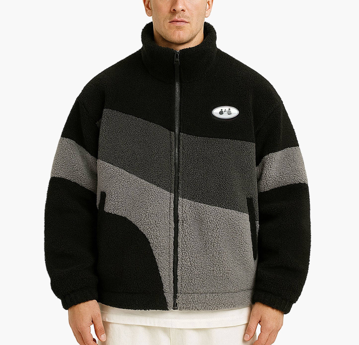 Men’s Thick Plush Fleece Jacket – Warm Color Block Zip-Up Winter Coat