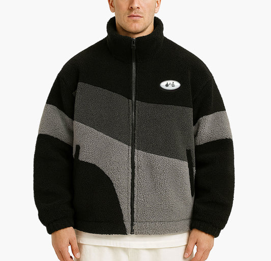 Men’s Thick Plush Fleece Jacket – Warm Color Block Zip-Up Winter Coat