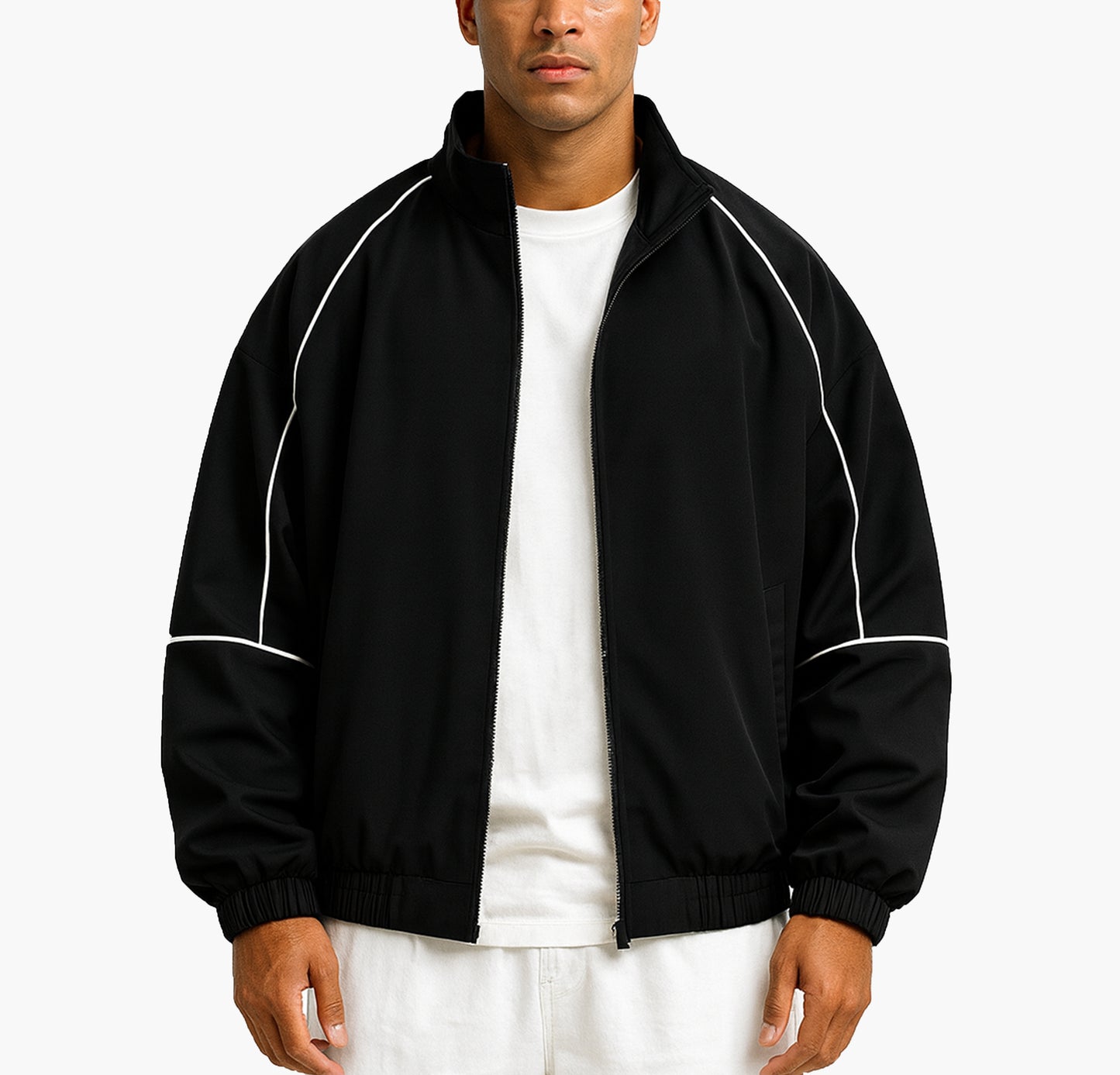 Unisex Color Block Striped Jacket – Men’s Zip-Up Casual Coat with Ribbed Cuffs