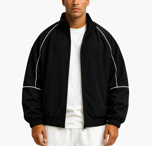 Unisex Color Block Striped Jacket – Men’s Zip-Up Casual Coat with Ribbed Cuffs