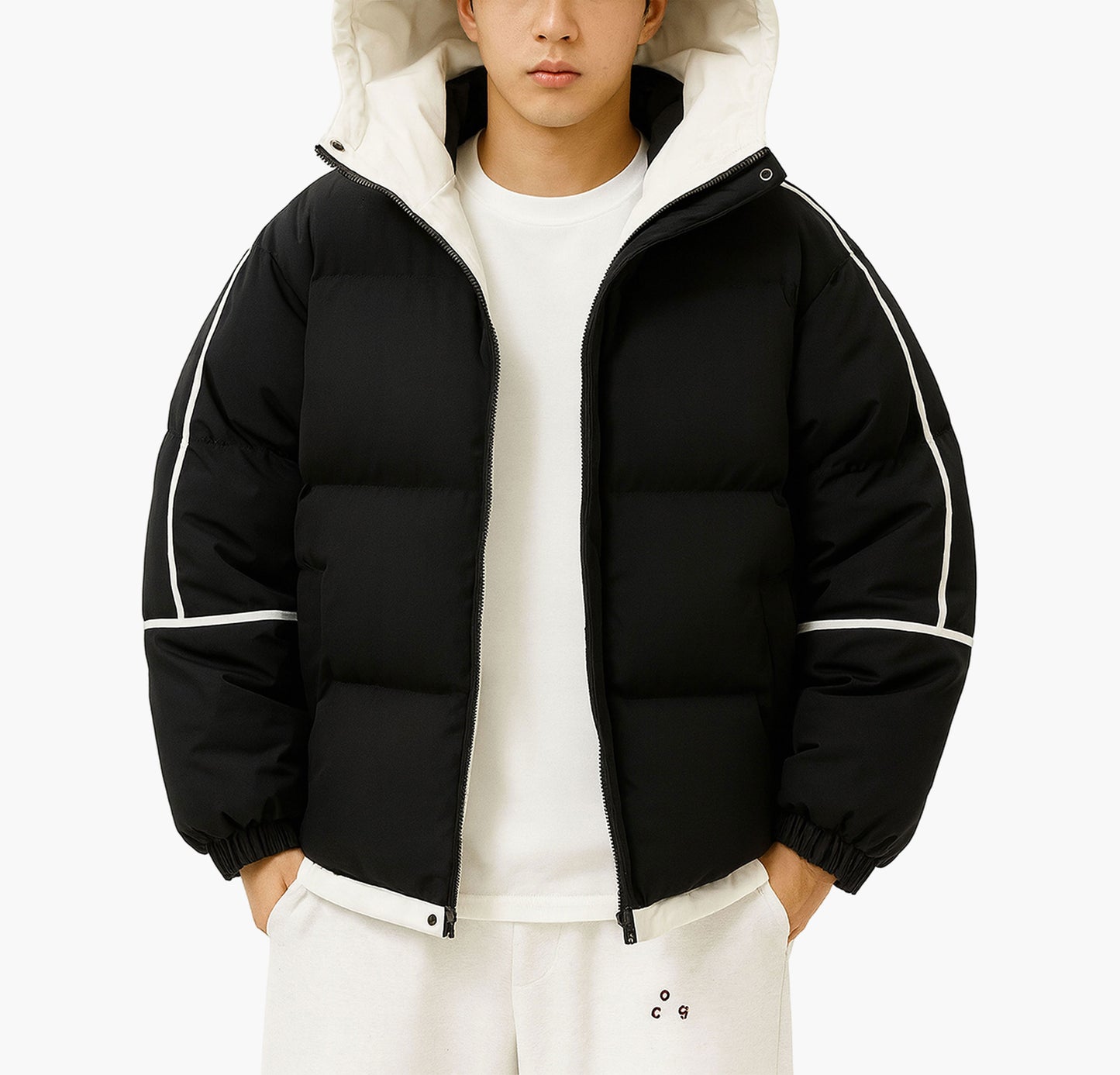 Men’s Hooded Winter Jacket – White & Black Zip-Up Coat with Insulated Fill