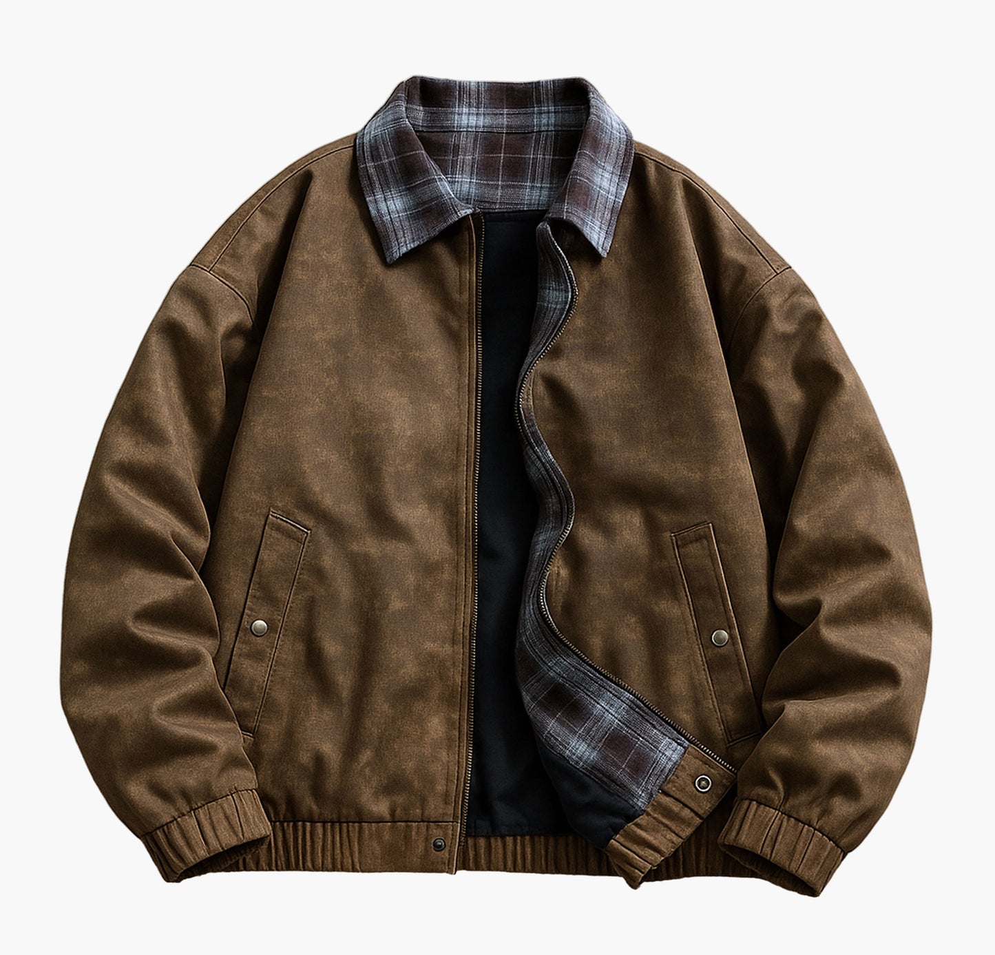 Men’s Vintage Faux Leather Bomber Jacket – Brown & Black with Plaid Collar