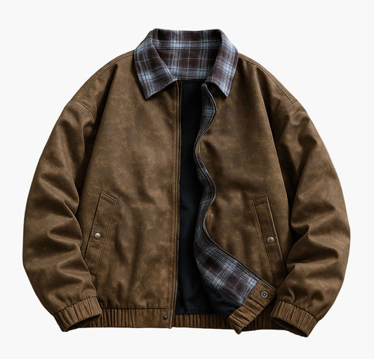 Men’s Vintage Faux Leather Bomber Jacket – Brown & Black with Plaid Collar