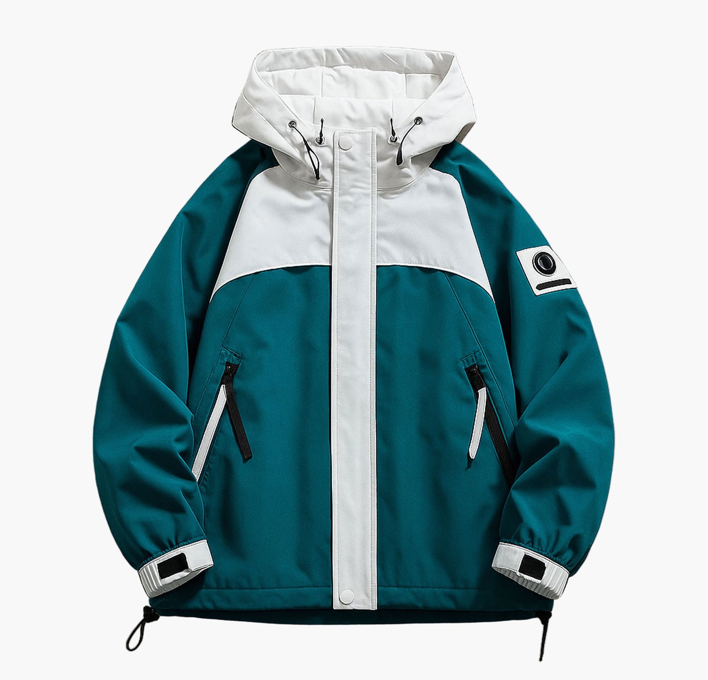 Men’s Turquoise Blue Ski Jacket – Hooded Colorblock Winter Coat with Full Zip