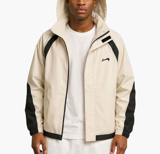 Men’s Hooded Zip-Up Jacket – White with Black Accents and Embroidered Logo