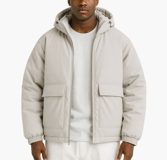 Men’s Olive Green Hooded Winter Jacket – Fleece-Lined Zip-Up with Pockets