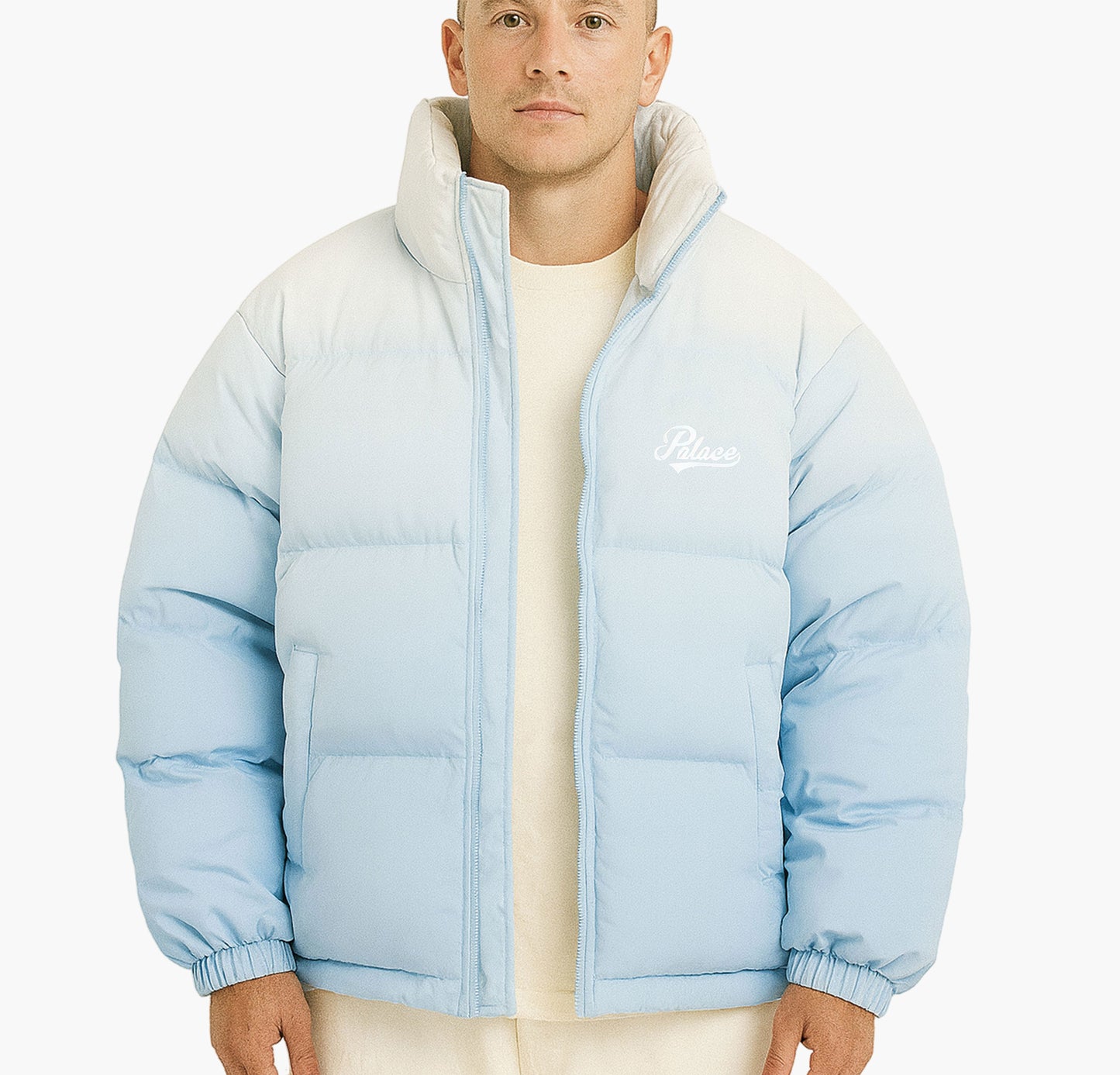 Men’s Light Blue & White Colorblock Winter Jacket – Thick Zip-Up Coat