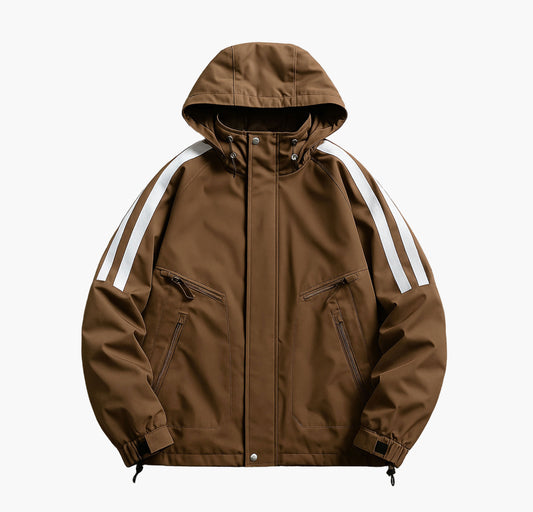 Men’s Heavy-Duty Windproof Hooded Jacket – Brown with White Stripes