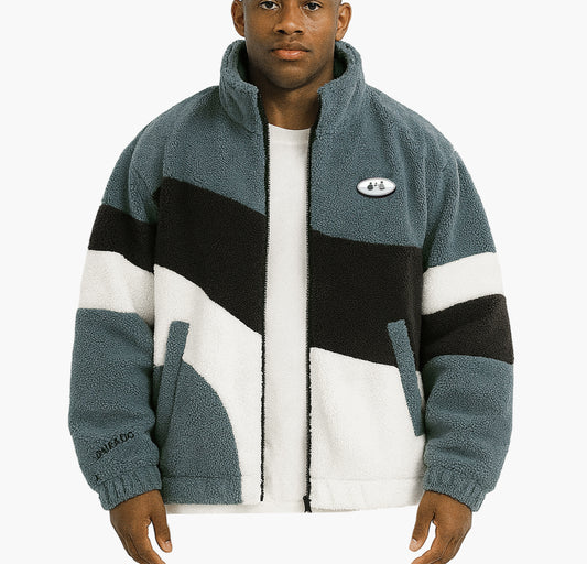 Unisex Colorblock Plush Fleece Jacket – Warm Zip-Up Coat with Stand Collar