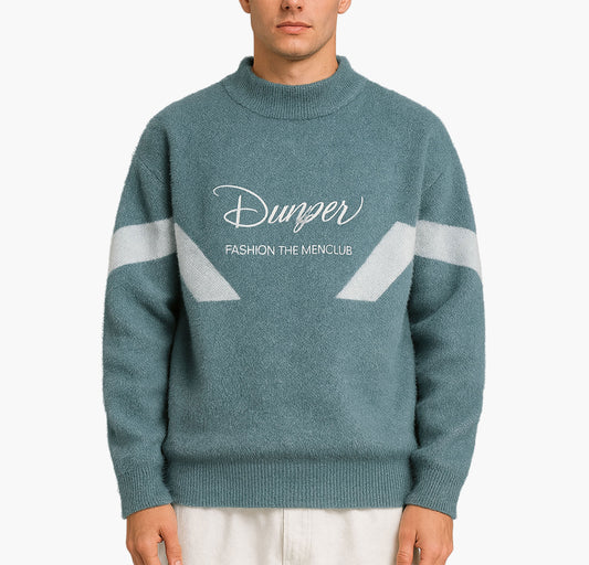 Men’s Winter Sweater Jacket – Thick Turquoise Pullover with Letter Print