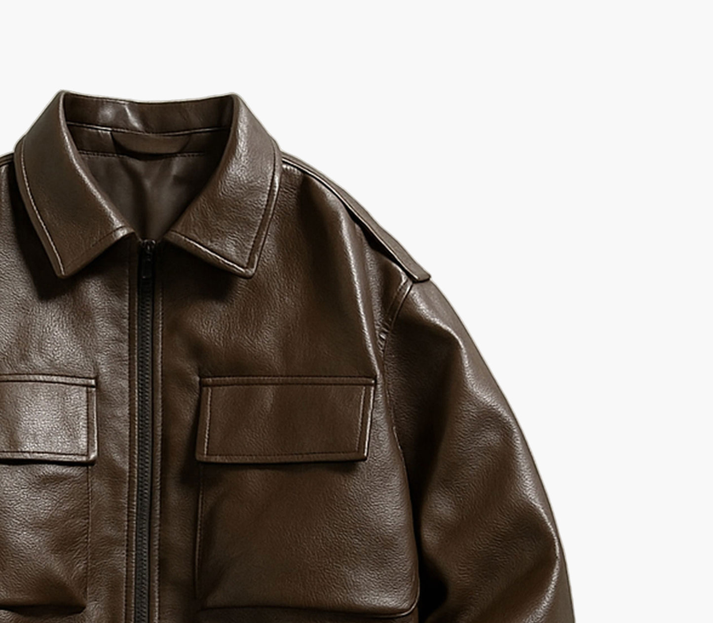 Men’s Faux Leather Bomber Jacket – Loose Fit Zip-Up with Flap Pockets