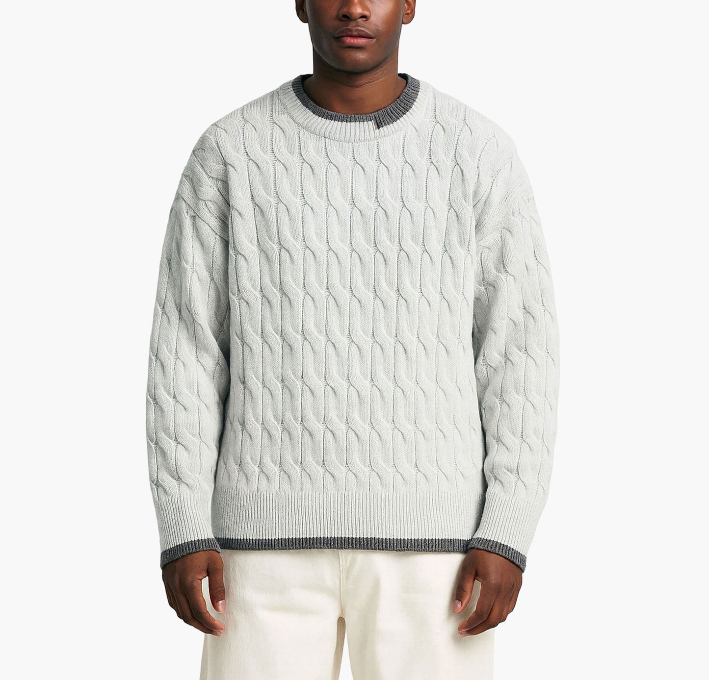 Men’s Navy Crewneck Sweater – Cable-Knit Long Sleeve Pullover for All Seasons