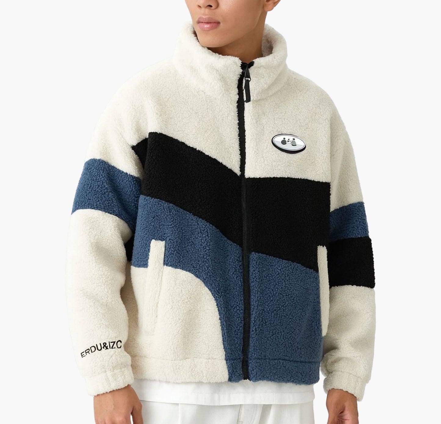 Men’s Plush Fleece Jacket – Thick Warm Color Block Zip-Up Winter Coat