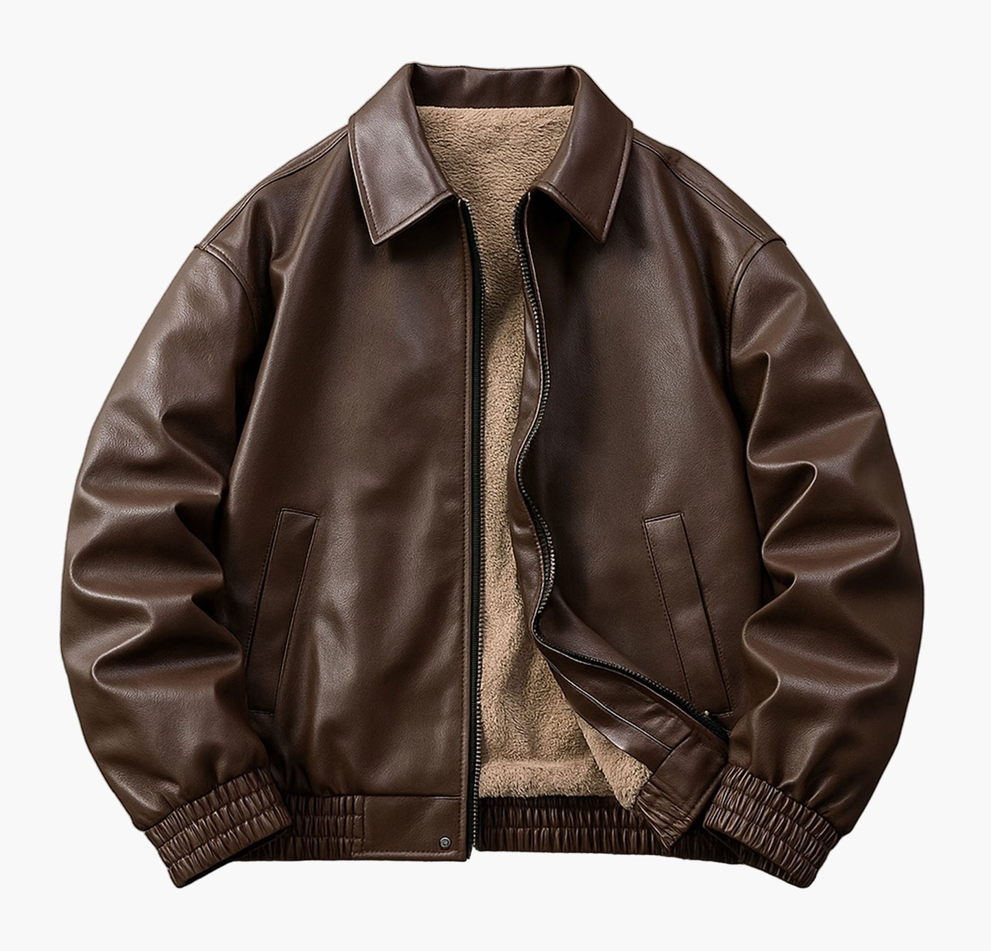 Unisex Faux Leather Bomber Jacket – Casual Loose Fit with Zip-Up Front