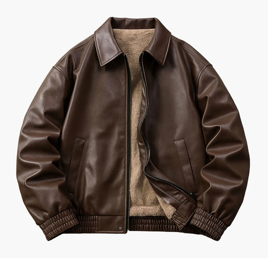 Unisex Faux Leather Bomber Jacket – Casual Loose Fit with Zip-Up Front