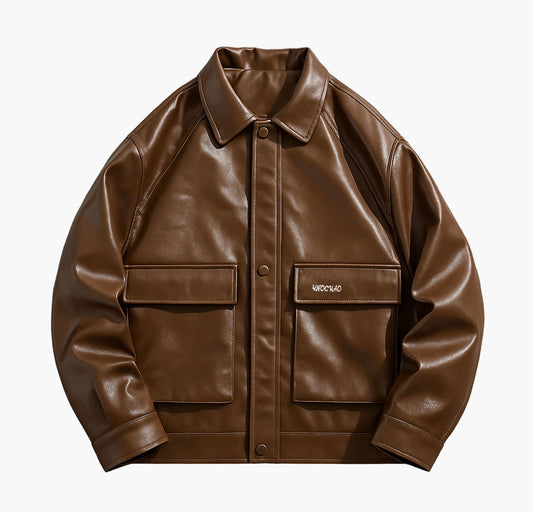 Men’s Glossy PU Jacket – Zip-Up Lapel Collar Outerwear