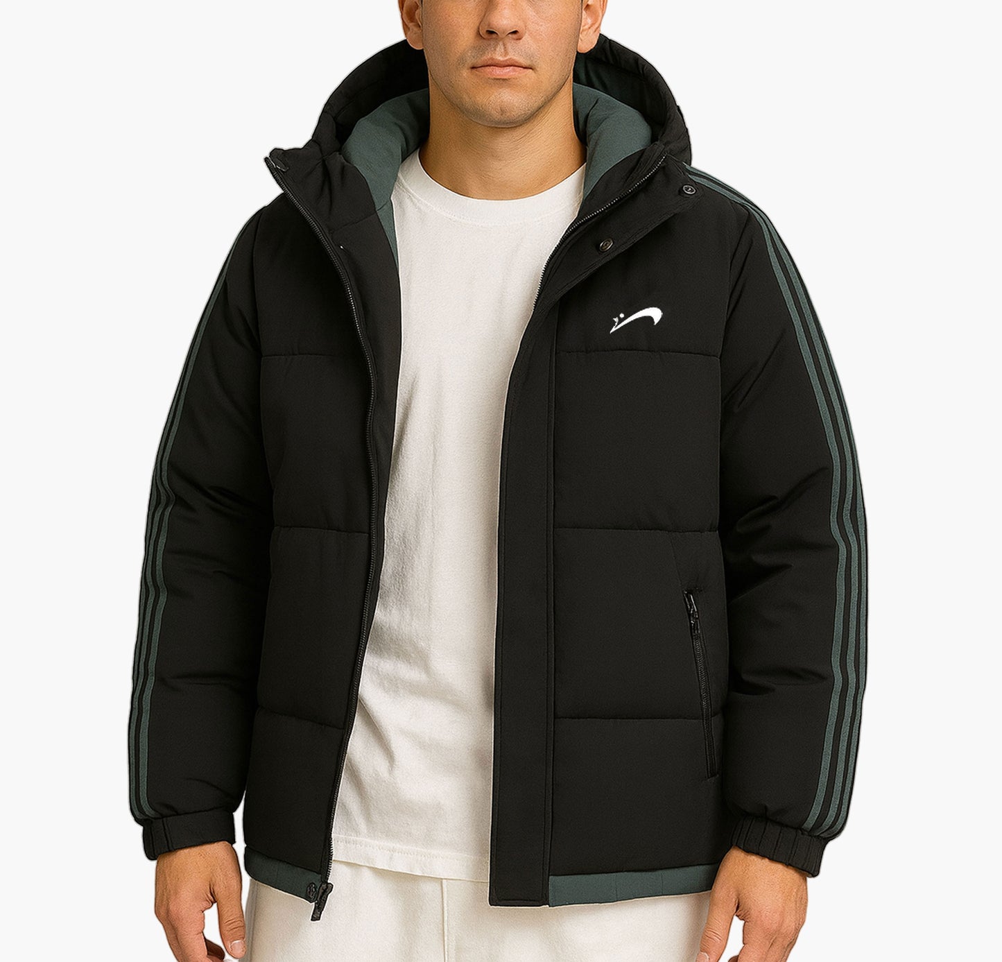 Men’s Winter Hooded Padded Jacket – Striped Coat with Zipper & Belt