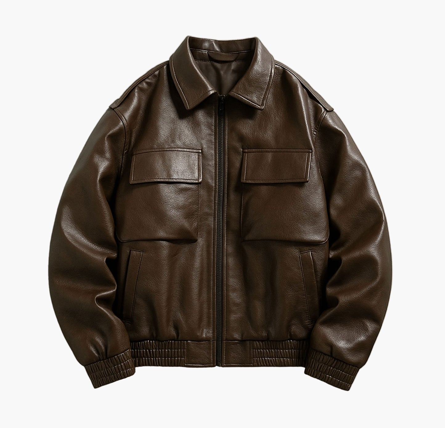 Men’s Faux Leather Bomber Jacket – Loose Fit Zip-Up with Flap Pockets