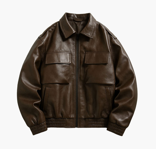 Men’s Faux Leather Bomber Jacket – Loose Fit Zip-Up with Flap Pockets