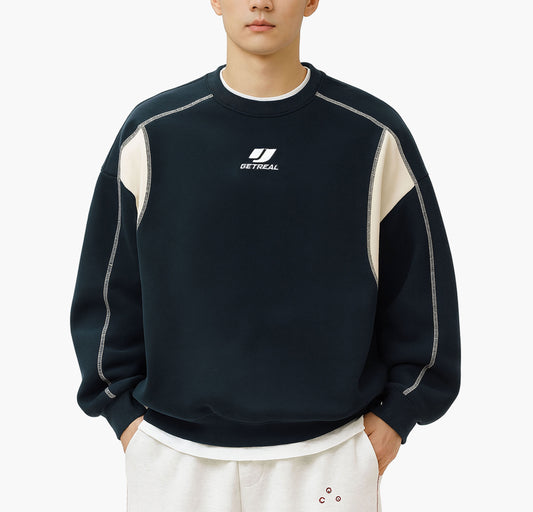 Men’s Oversized Color Block Sweatshirt – Japanese Lettering Beige & Navy Pullover