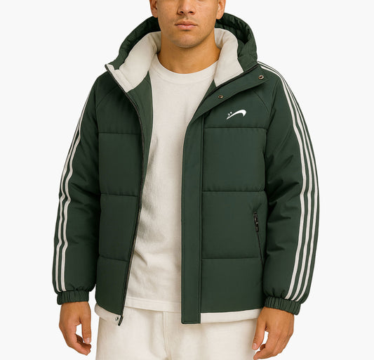 Men’s Thick Winter Hooded Jacket – Striped Padded Coat with Zipper & Belt