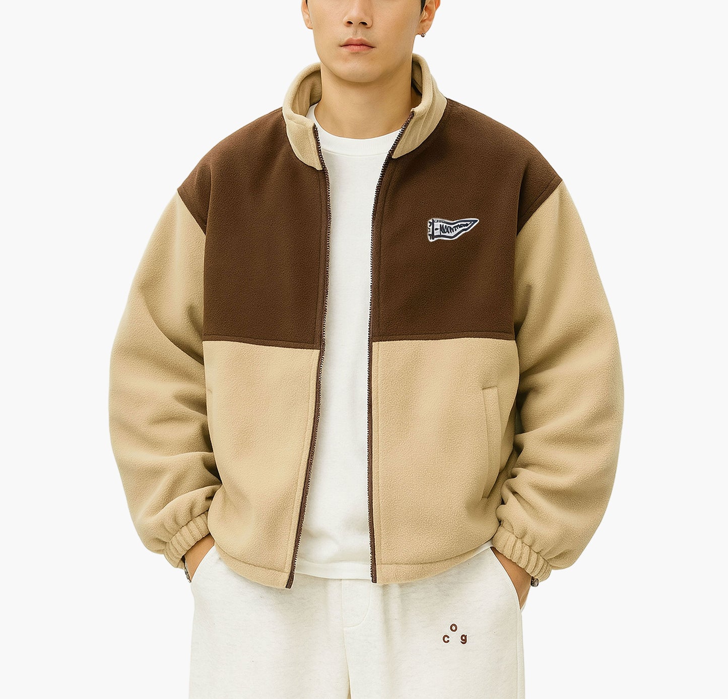 Men’s Black & Gray Color Block Jacket – Zip-Up Casual Coat with Stand Collar