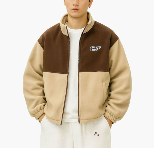 Men’s Black & Gray Color Block Jacket – Zip-Up Casual Coat with Stand Collar