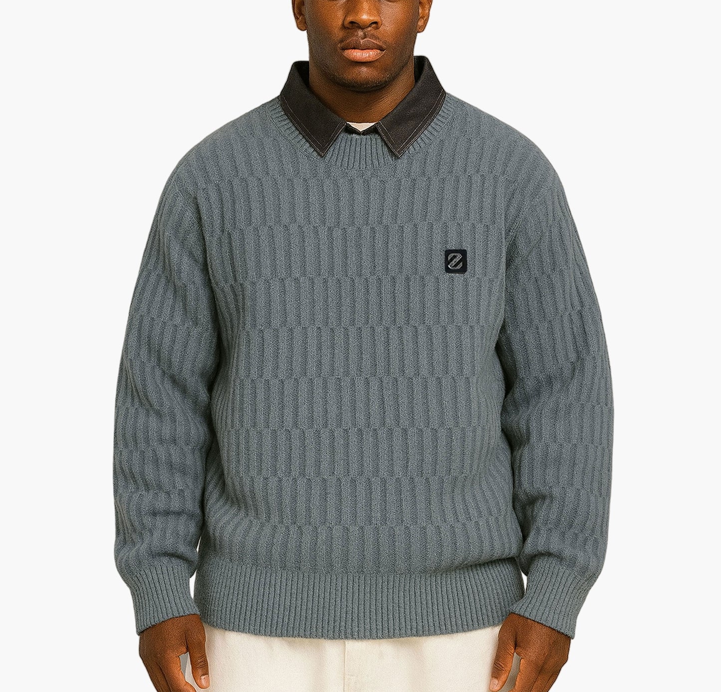 Men’s Thermal Knit Sweater – Slim Fit Mock Two-Piece Pullover with Collar