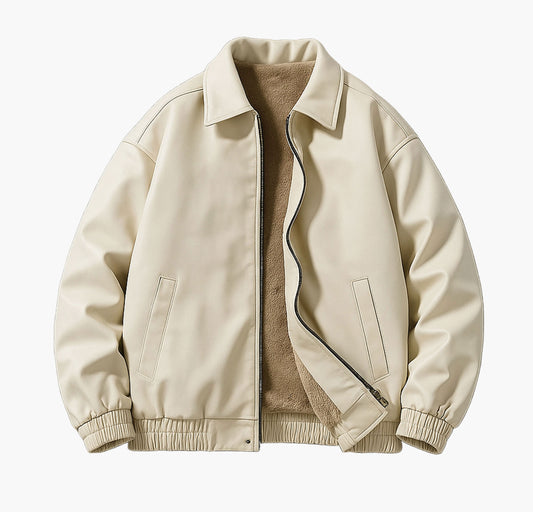 Unisex Faux Leather Bomber Jacket – Loose Fit Zip-Up with Polyester Lining