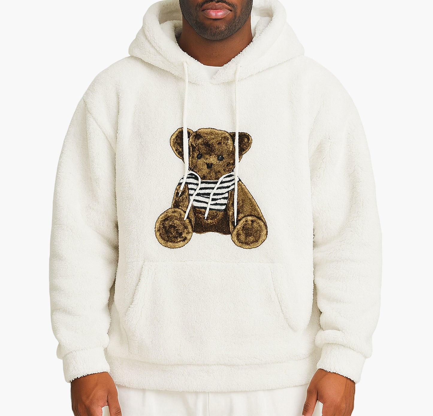 Men’s Plush Bear Hoodie – Cozy Winter Pullover with Cute Graphic & Striped Hood