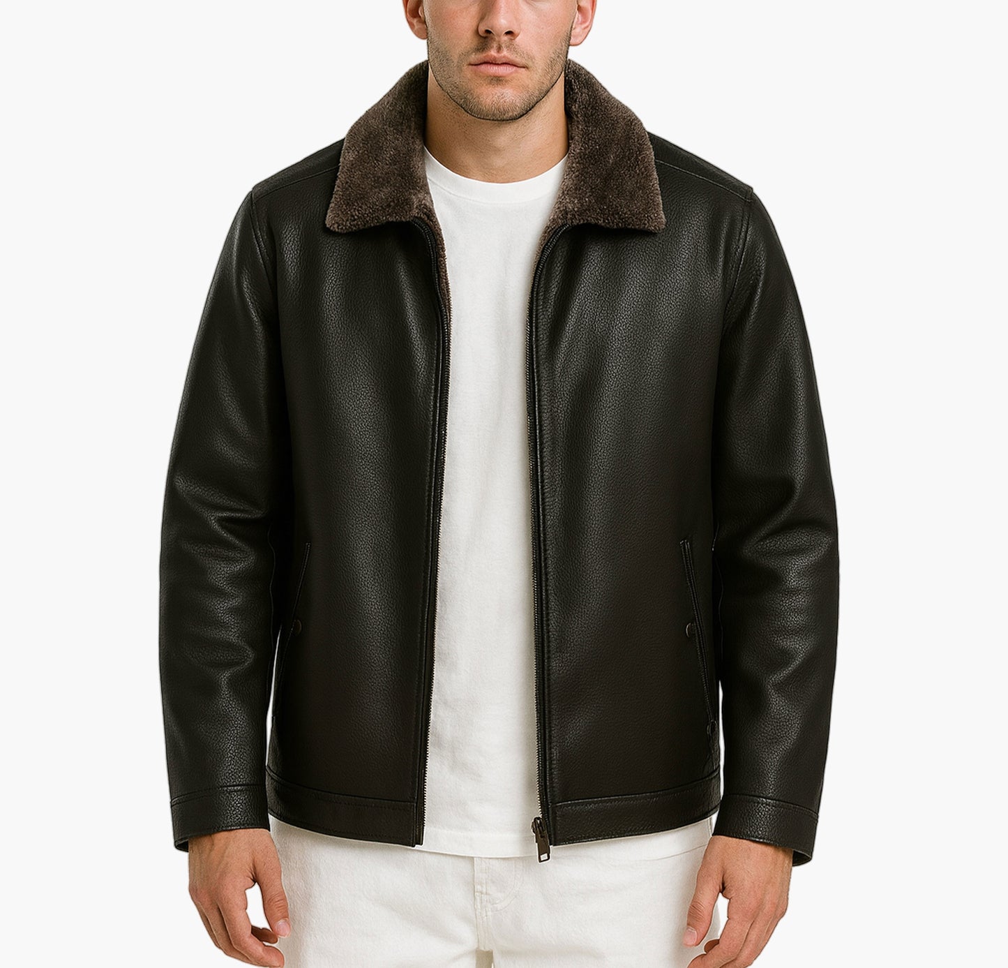 Men’s Casual Fleece-Lined Jacket – Zip-Up Lapel Collar Design