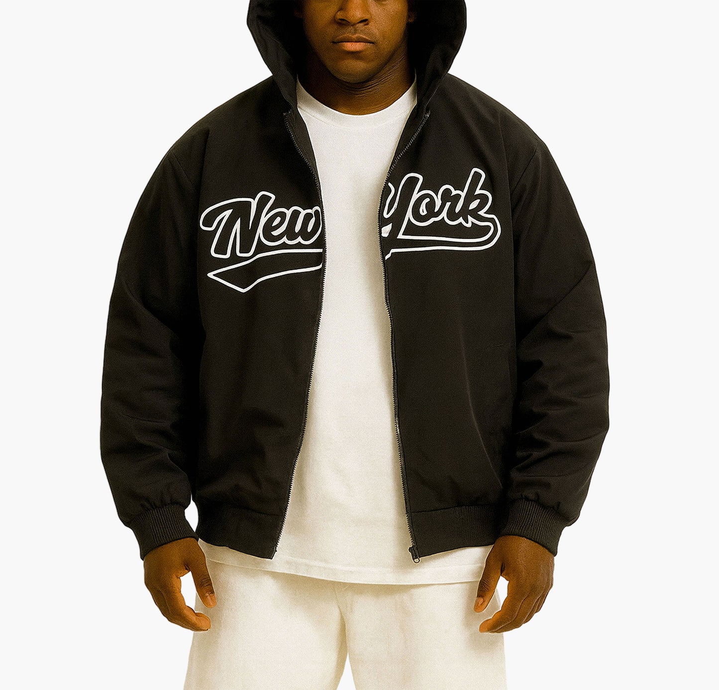 Men’s Baseball Jacket – Black Zip-Up Casual Coat with New York Letter Print