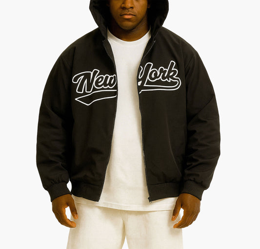 Men’s Baseball Jacket – Black Zip-Up Casual Coat with New York Letter Print