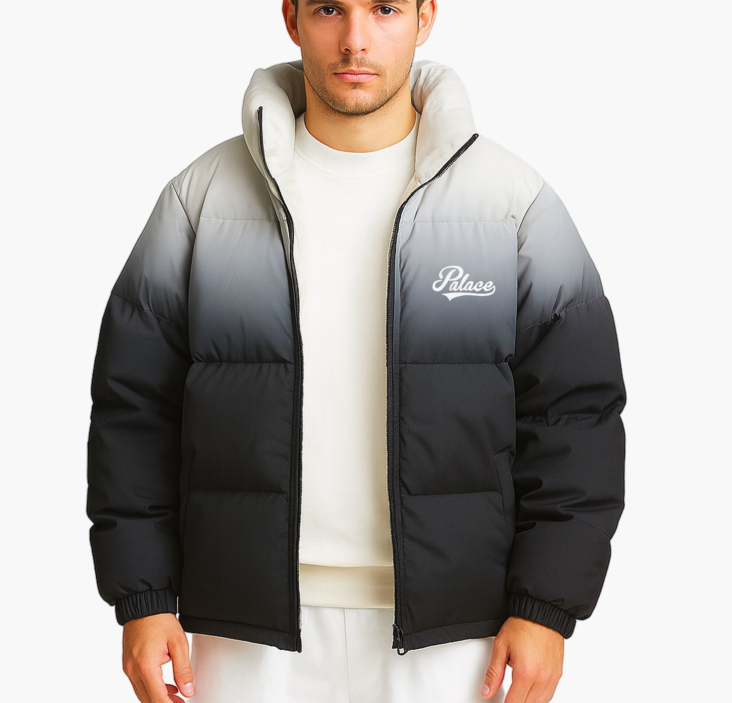 Men’s Two-Tone Winter Jacket – Light Blue & White Thick Zip-Up Coat