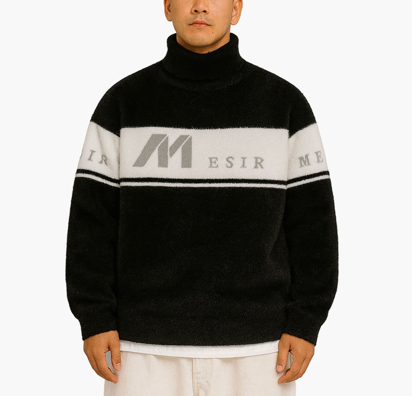 Men’s Stripe Knit Sweater – Beige & Brown Pullover with Letter “M” Design