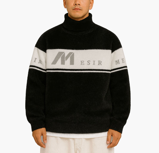 Men’s Stripe Knit Sweater – Beige & Brown Pullover with Letter “M” Design