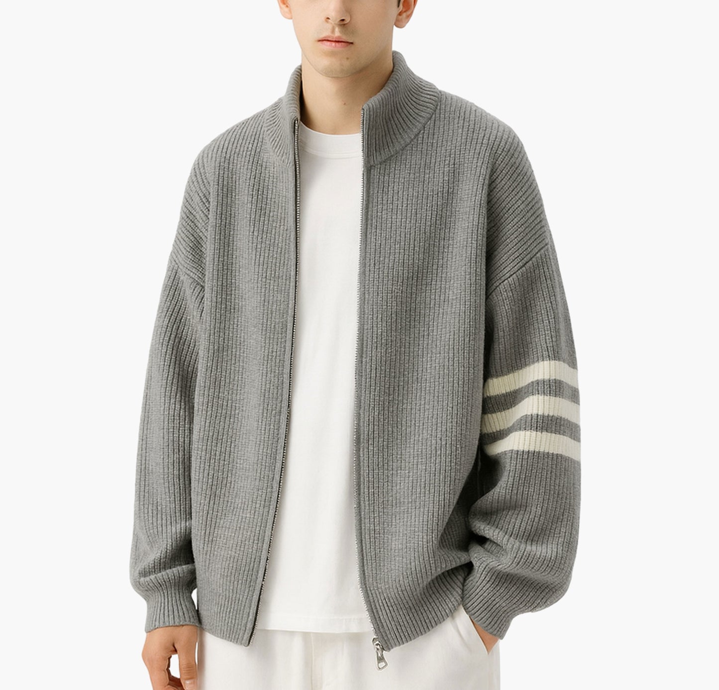 Men’s Oversized Striped Knit Sweater – Half-Zip Winter Jacket